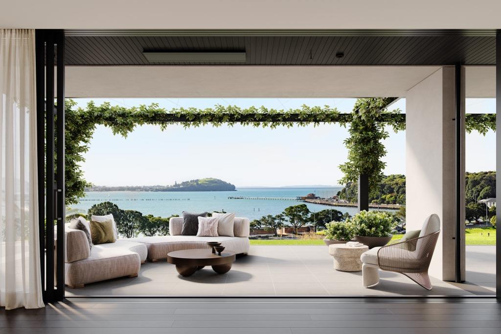 Render of the inside of the Karori Crescent apartment with views looking over the bay.