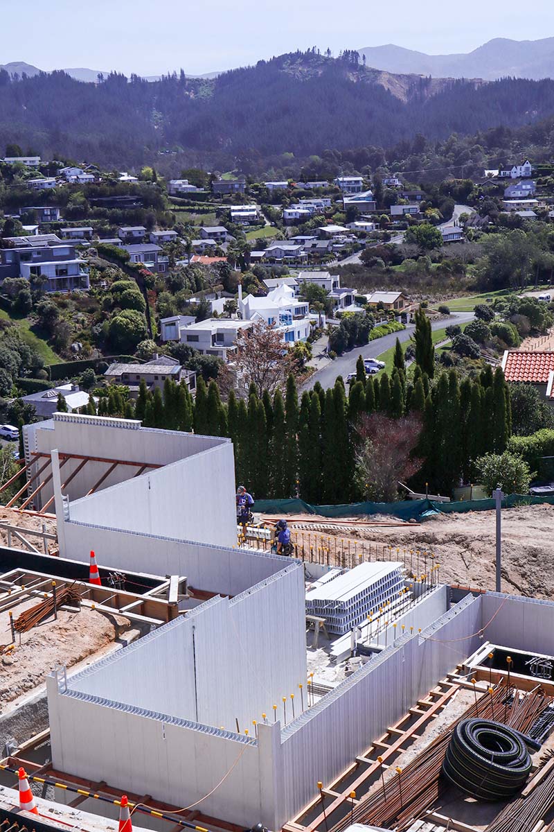 Views overlooking the house build during construction showing the Rediwall retaining walls.