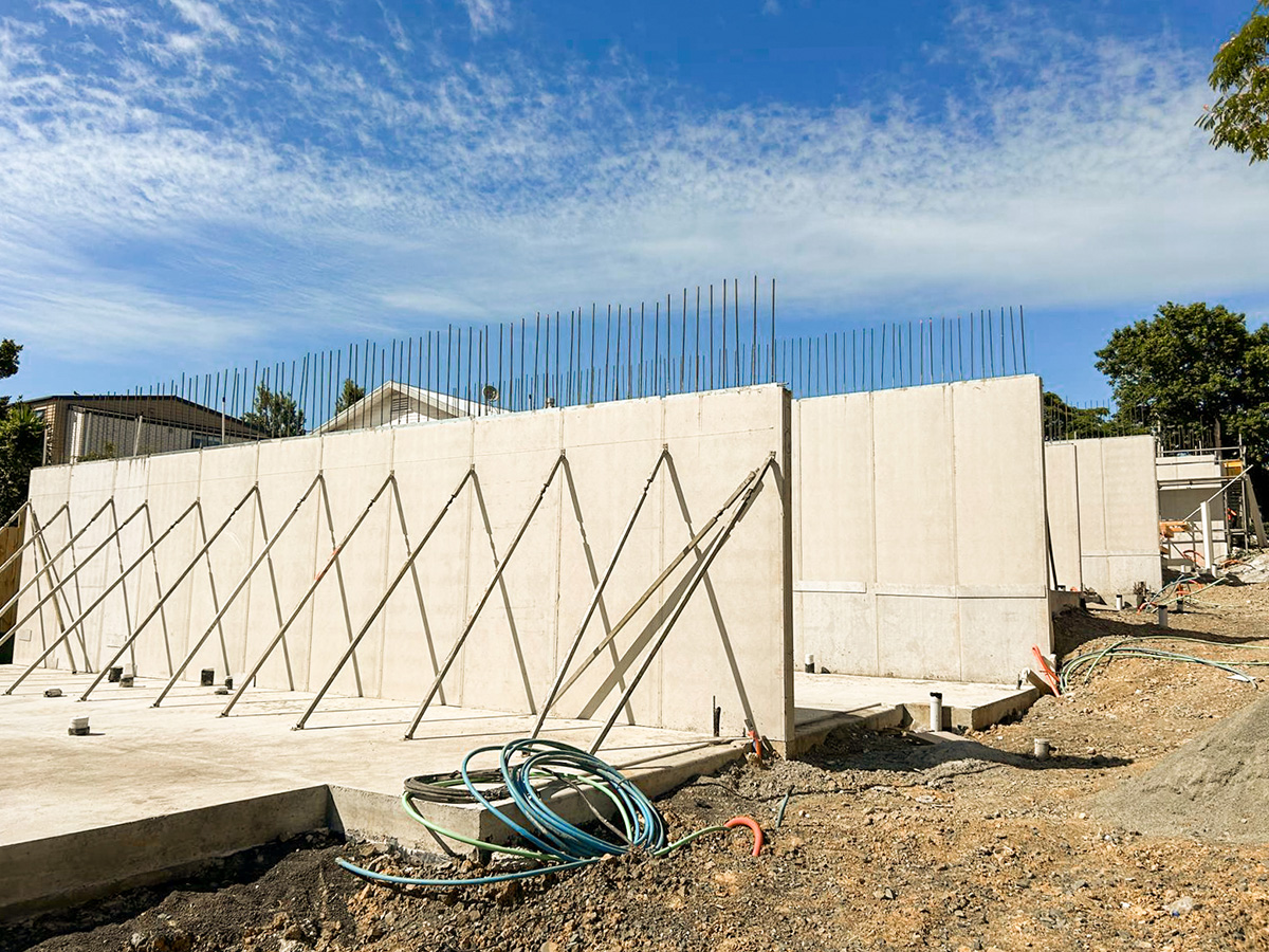 Views overlooking the house build during construction showing the Rediwall retaining walls.